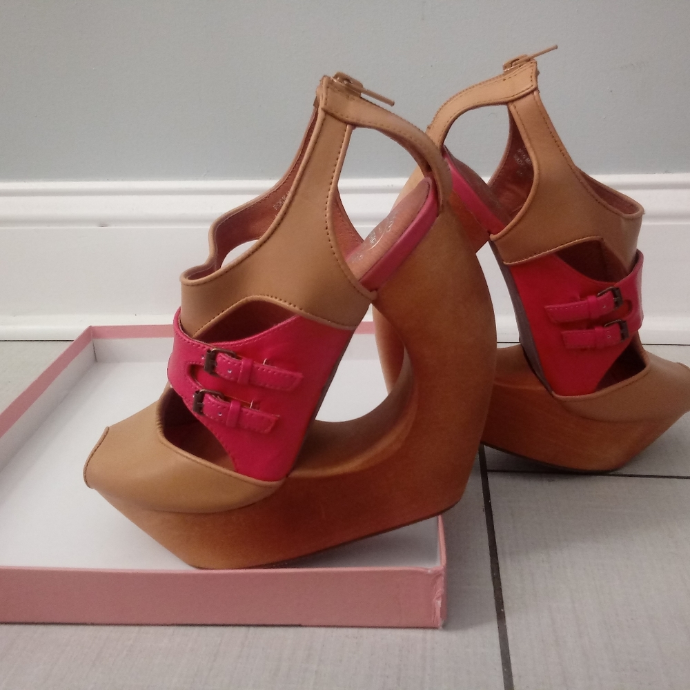 Jeffrey Campbell, Rock-me, Neon pink/tan leather, 8m, Sandal Wedges